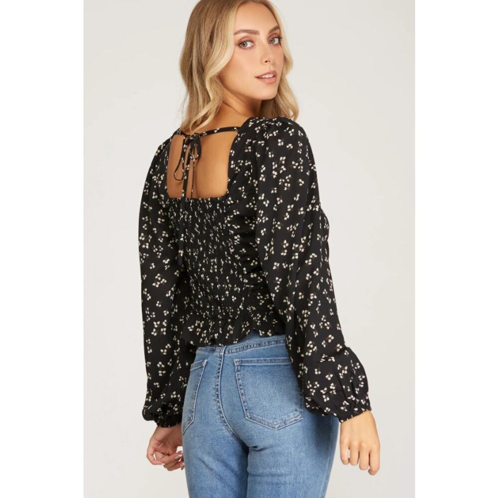 Black Floral Ruched Top Puff Sleeve Fitted Blouse Size Large - Picture 2 of 3